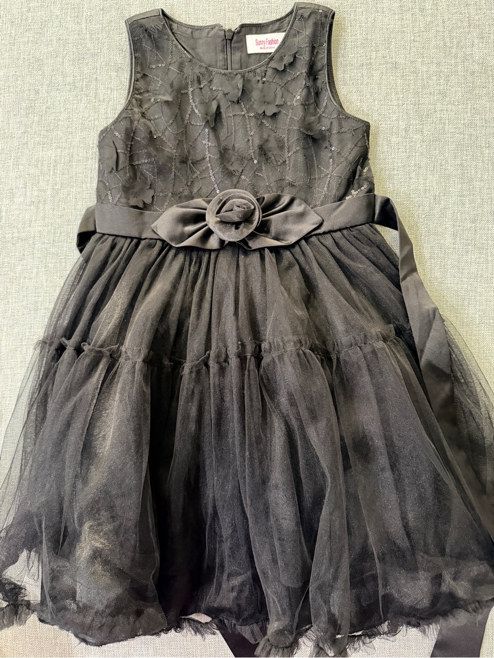 Black Tulle Flower-Belt Girls Dress